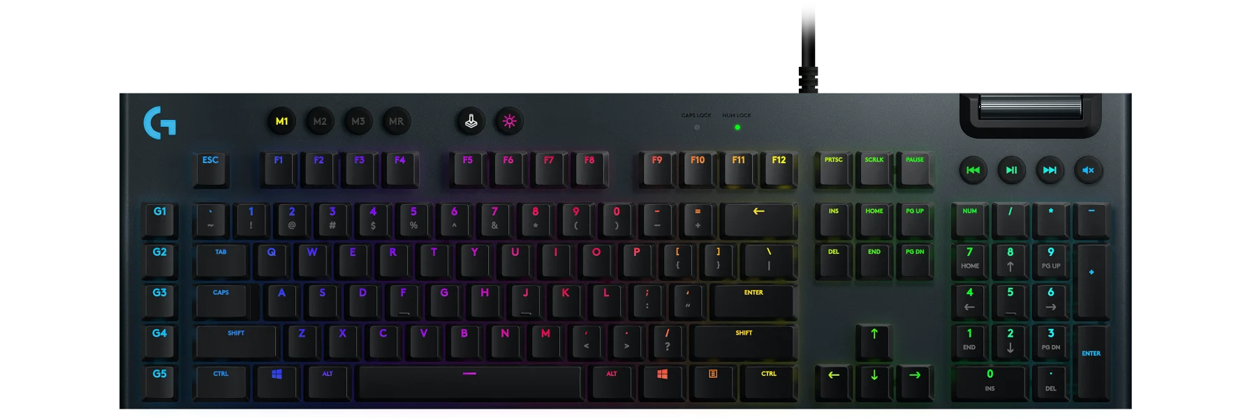 G813 front view displaying full sized keyboard with LIGHTSYNC RGB and other features such as multimedia controls, programmable keys & etc