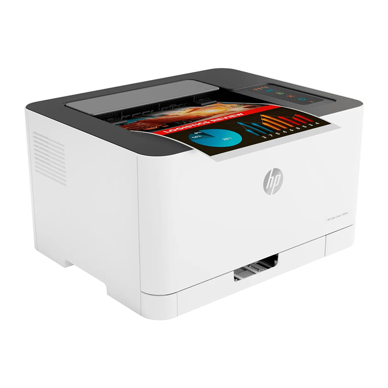 HP Color LaserJet 150nw Printer - Functions / Print, Wireless, Printing colors/ 4-Colours, Print Speed / Black: Up to 18 ppm & Colour: Up to 4 ppm, Colour Print Quality / 600 x 600 dpi, Duplex / Manual, Media Sizes / A4; A5; A6; B5; Duty Cycle / Up to 20,000 pages, Connectivity / Hi-Speed USB 2.0 Device; Gigabit Ethernet 10/100/1000T network, Wireless, HP 117A CYMK