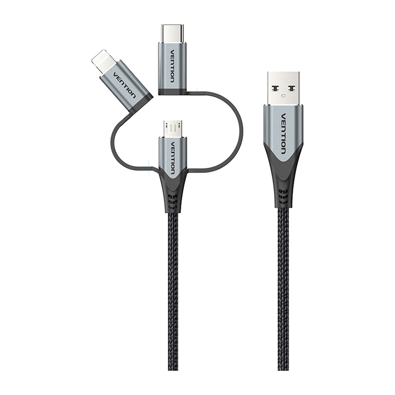 Vention USB 2.0 A Male to 3-in-1 Micro-B &amp; USB-C&amp;Lightning Male Cable 1M Gray (CQJHF)
