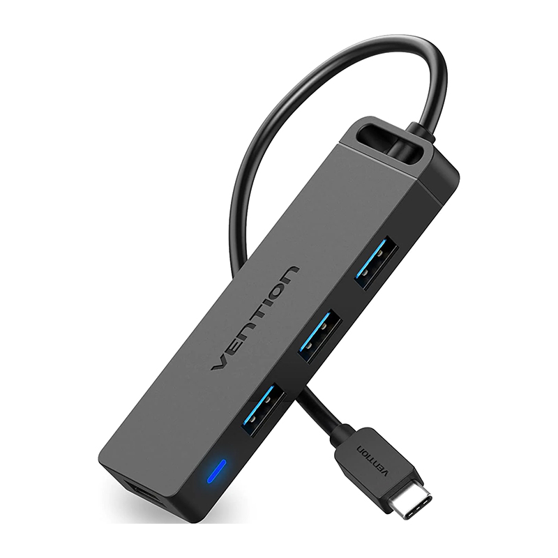 Vention® 5-IN-1 Type-C to 4-Port USB 3.0 Hub with Power Supply Black 1M ABS Type (TGKBF)