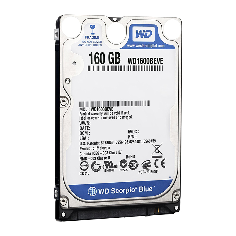Western Digital (BLUE) 160GB IDE – Form Factor : 2.5",  Model : WD1600BEVE, Interface : ATA100, RPM Class : 5400RPM, Capacity : 160 GB, Cache : 8 MB.