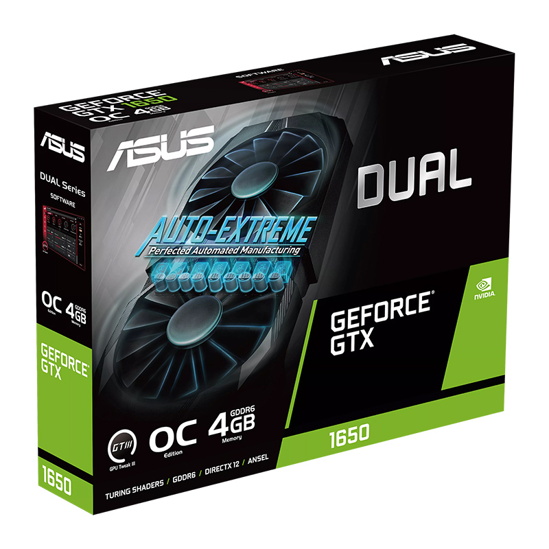 ASUS Dual GeForce® GTX 1650 OC Edition 4GB GDDR6 EVO Graphics Card (DUAL-GTX1650-O4GD6-P-EVO) | DVI-D x1, HDMI 2.0b x1, DisplayPort 1.4a, x1, HDCP Support 2.2