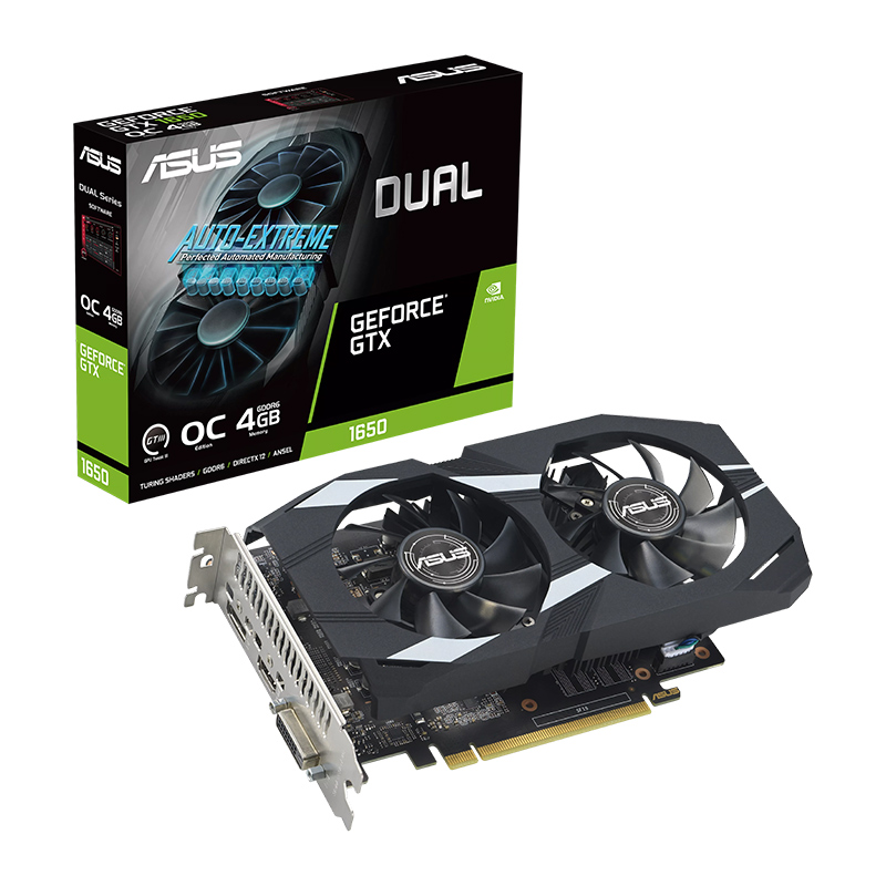 ASUS Dual GeForce® GTX 1650 OC Edition 4GB GDDR6 EVO Graphics Card (DUAL-GTX1650-O4GD6-P-EVO) | DVI-D x1, HDMI 2.0b x1, DisplayPort 1.4a, x1, HDCP Support 2.2