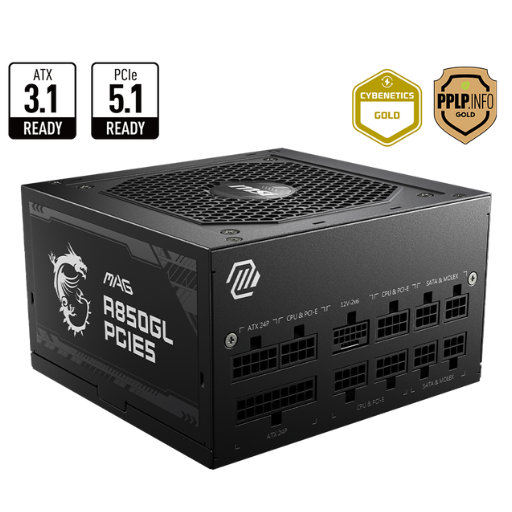 MSI MAG A850GL PCIE5 850W, ATX 3.1, 80 Plus Gold, Modular Power Supply (306-7ZP8A18-CE0)