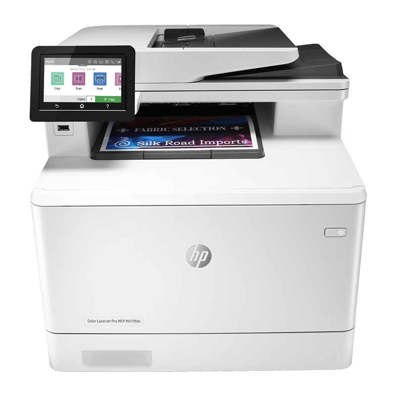 HP Color LaserJet Pro MFP M479fdn - Functions: Print, copy, scan, fax, email, Print speed letter: Up to 28 ppm (black and color), Auto duplex printing; Scan to email; 50-sheet ADF; 2 paper trays (standard), Toner: HP 415A