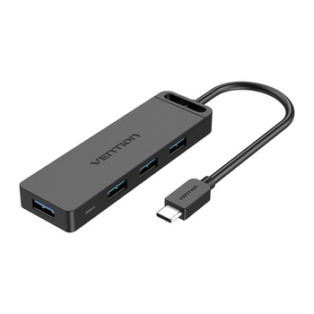 [HUB233] Vention® 5-IN-1 Type-C to 4-Port USB 3.0 Hub with Power Supply Black 1M ABS Type (TGKBF)