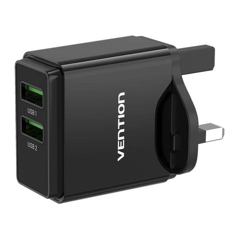 Vention® Two-Port USB (A+A) Wall Charger (18W/18W) UK-Plug Black (FBAB0-UK)