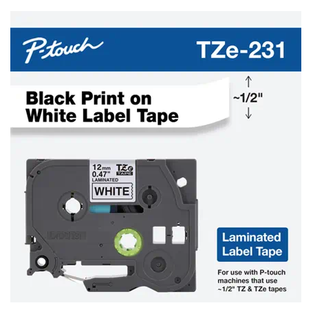 Brother Genuine TZe-231 Tape - Black on White - 12 mm