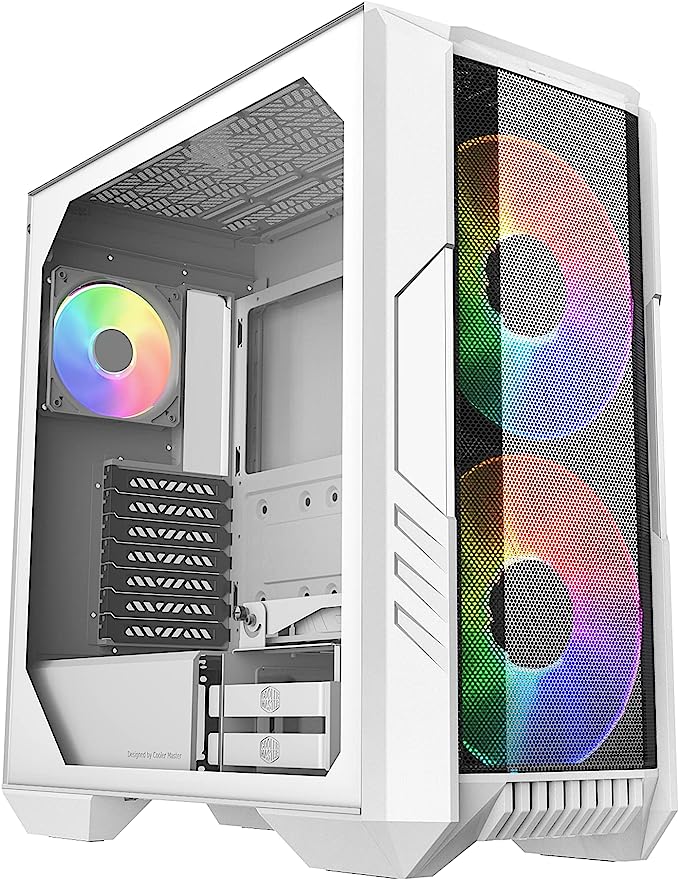 Cooler Master HAF 500 High Airflow ATX Mid-Tower with Mesh Front Panel, Dual 200mm Customizable ARGB Lighting Fans, Rotatable GPU Fan, USB 3.2 Gen 2 Type C, Tempered Glass - White (H500-WGNN-S00)