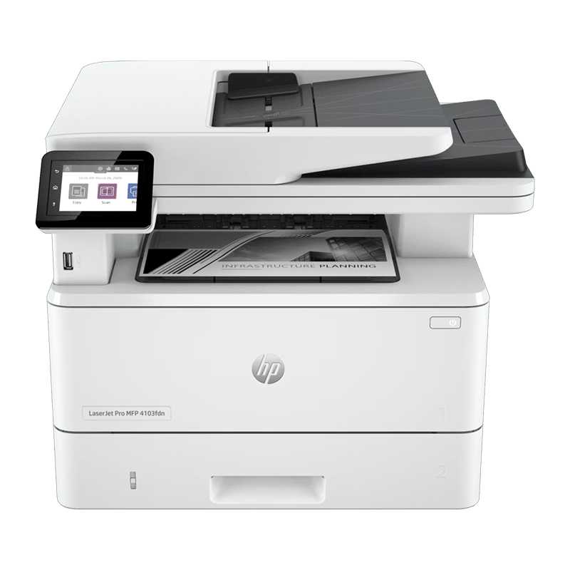HP LaserJet Pro MFP 4103fdn | Functions: Print, Copy, Scan, fax; Printing:- Black & White , Print Speed: Up to 40 ppm; Print Quality: 1200 dpi; Duplex: Automatic; Media Sizes: A4; A5; A6; B5; Duty Cycle: Up to 80,000 pages; Toner: HP W1510A 151A