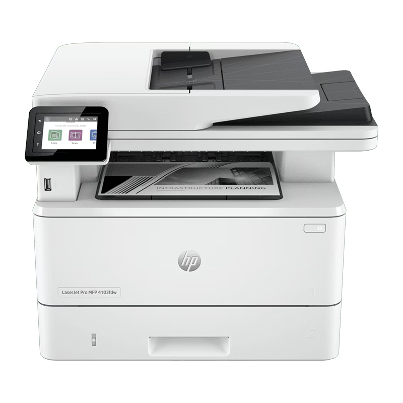 HP LaserJet Pro MFP 4103fdw | Functions: Print, Copy, Scan, fax; Printing: Black & White , Print Speed: Up to 40 ppm; Print Quality: 1200 dpi; Duplex; Media Sizes: A4; A5; A6; B5; Duty Cycle: Up to 80,000 pages; Toner: HP W1510A 151A