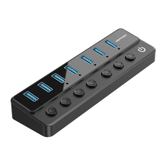 Vention® USB B 3.0 to USB 3.0 x7 Hub with Individual Power Switches and DC 5.5mm Power Adapter EU-Plug Black (CHXB0-EU)