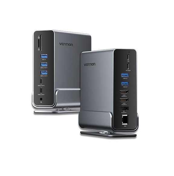 Vention® 15-IN-1 USB-C to DP/HDMI x 2/USB 3.2 Gen 2 Type-C/USB 3.2 Gen 2 Type-A x 2/USB 3.2 Gen 1 Type-C/USB 3.0/USB 2.0 x 2/RJ45/SD/TF/3.5mm TRRS/PD MST Docking Station Gray Vertical Aluminum Alloy Type (TPUH0)