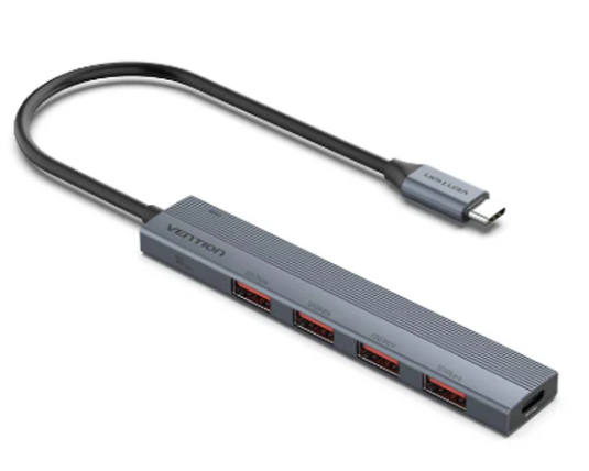 Vention® USB-C to USB 3.2 Gen 2 Type-A x 4 Mini Hub with USB-C Power Supply Port 0.25M Gray (CKHHC)