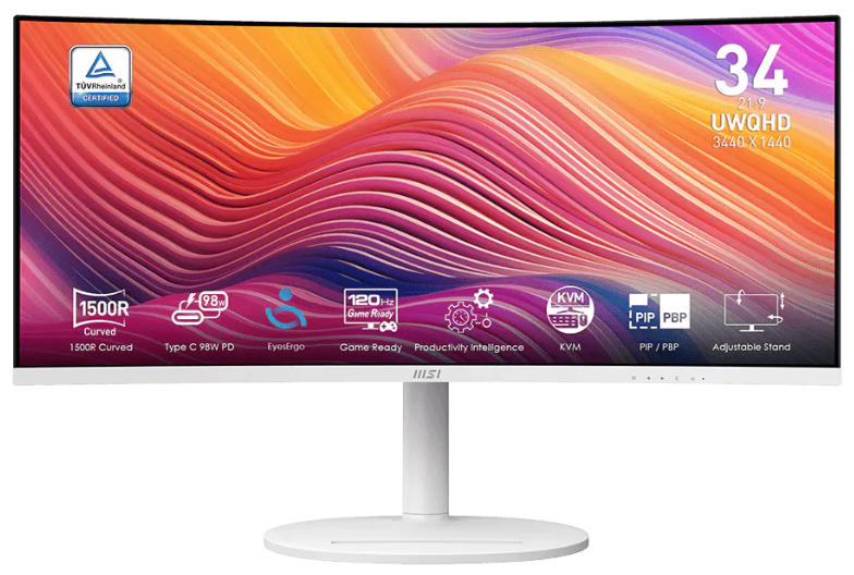 MSI Modern MD342CQPW 34'' Curved Gaming Monitor | UWQHD (3440 x 1440), VA, 1ms (MPRT) / 4ms (GtG), 21:9, 120Hz, 300nits, AMD FreeSync™ Premium, 1x DP, 2x HDMI, 1x Type-C, White