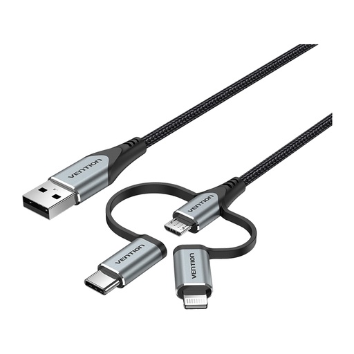 [CBL1199] Vention USB 2.0 A Male to 3-in-1 Micro-B &amp; USB-C&amp;Lightning Male Cable 1M Gray (CQJHF)